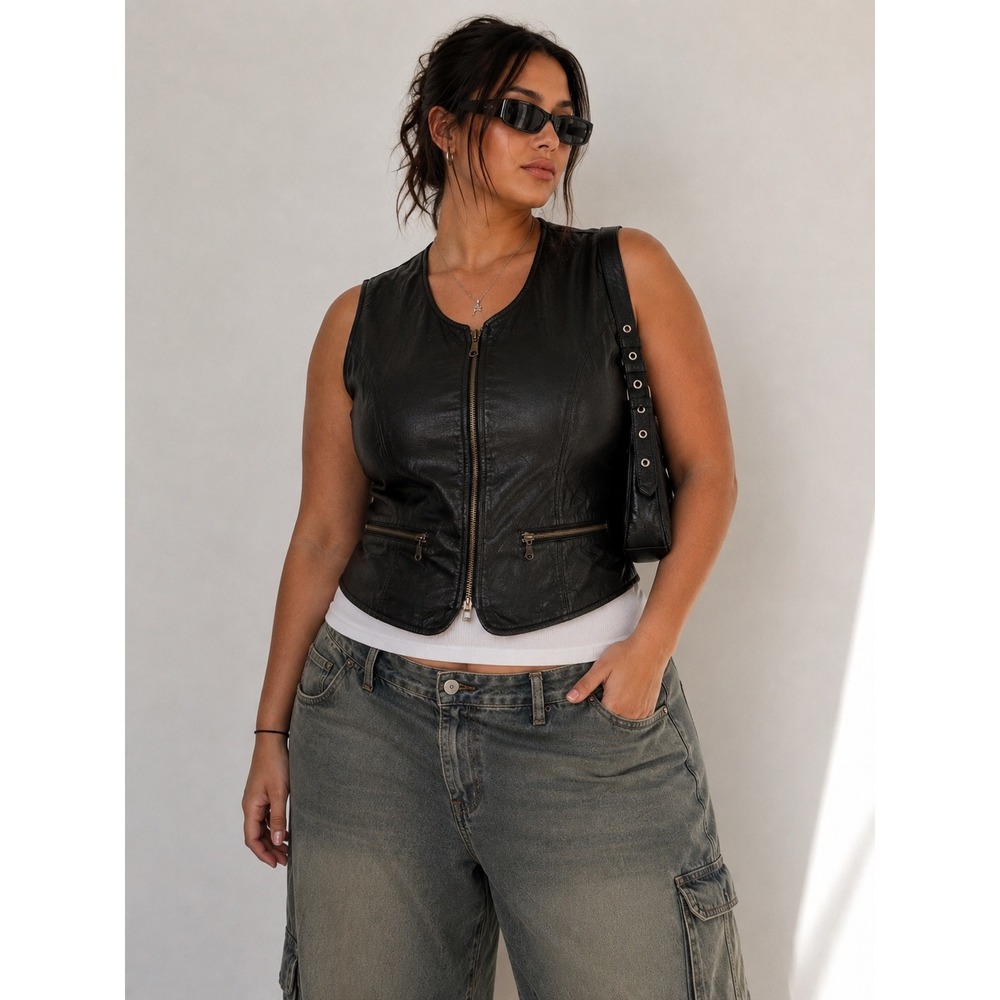 Jennifer Moore Vintage Y2k Black Leather Vest Zip Front Biker Style Women 12